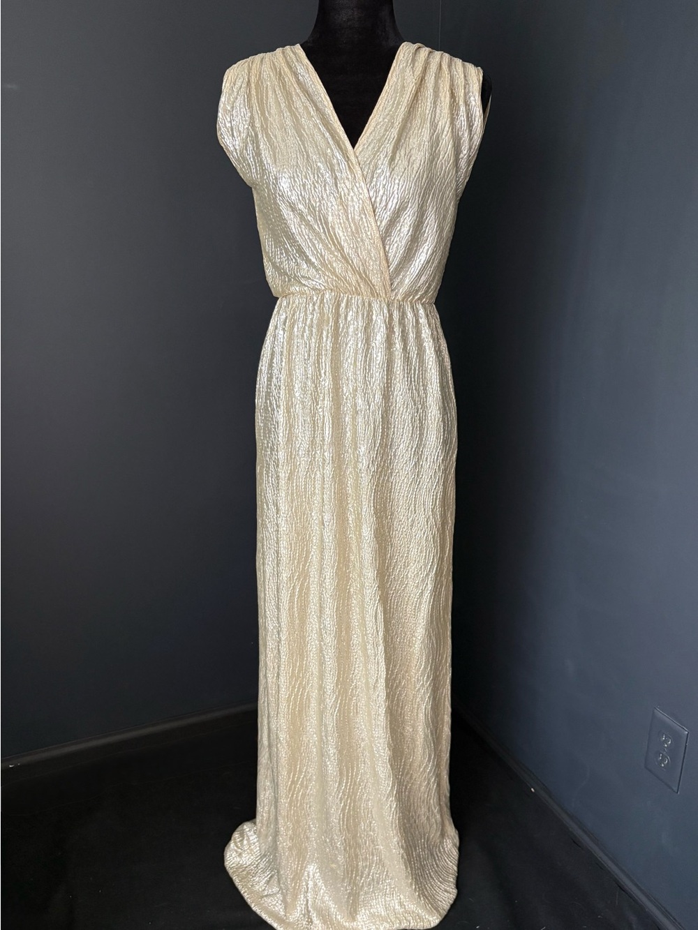 Sleeveless Cream Metallic Maxi Dress with V-Neck